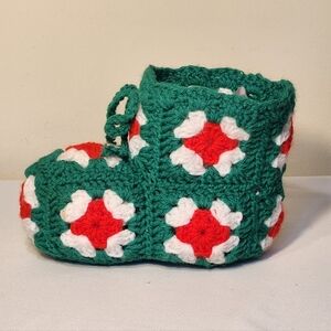 Vintage Christmas Handmade Crocheted Stocking Boot Bootie Granny Squares Decor